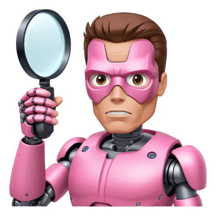 schwarzenegger-looking half robotic half human pink terminator holding magnifying glass, upper body sticker