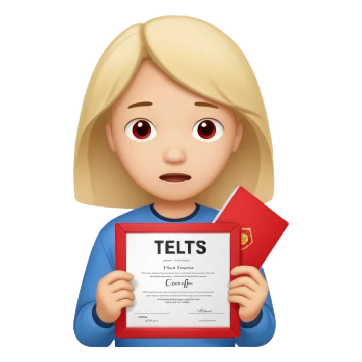 emoji student sad holding red sertificate IELTS 5.5, crying, failure, white background sticker