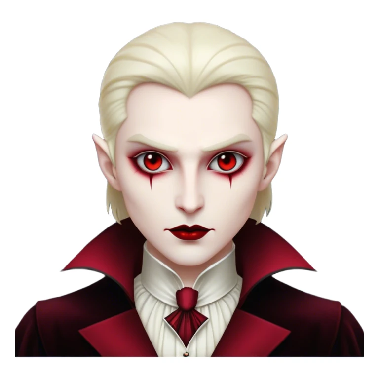 Cinematic Noble Vampire Portrait Emoji, Elegant and commanding, with a refined, pale visage framed by dark, velvet accents and a hint of crimson, exuding timeless seduction and dangerous allure, simplified yet exquisitely detailed, glowing with a soft nocturnal radiance and a subtle, mysterious outline that captures the regal spirit of an immortal lord of the night! sticker