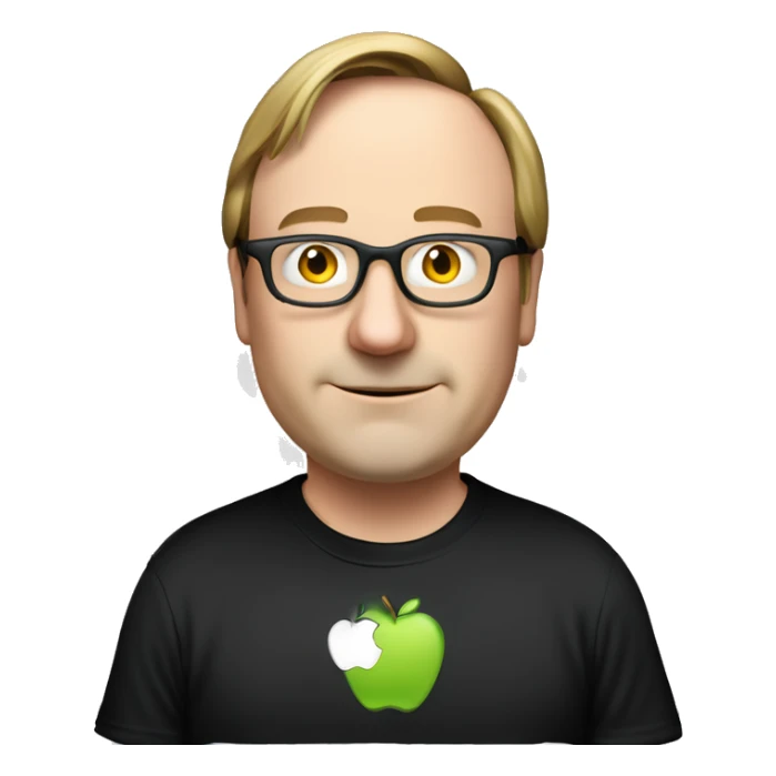 Linus torvalds with linux wearing black t-shirt with apple logo. His hands holding a windows pc sticker