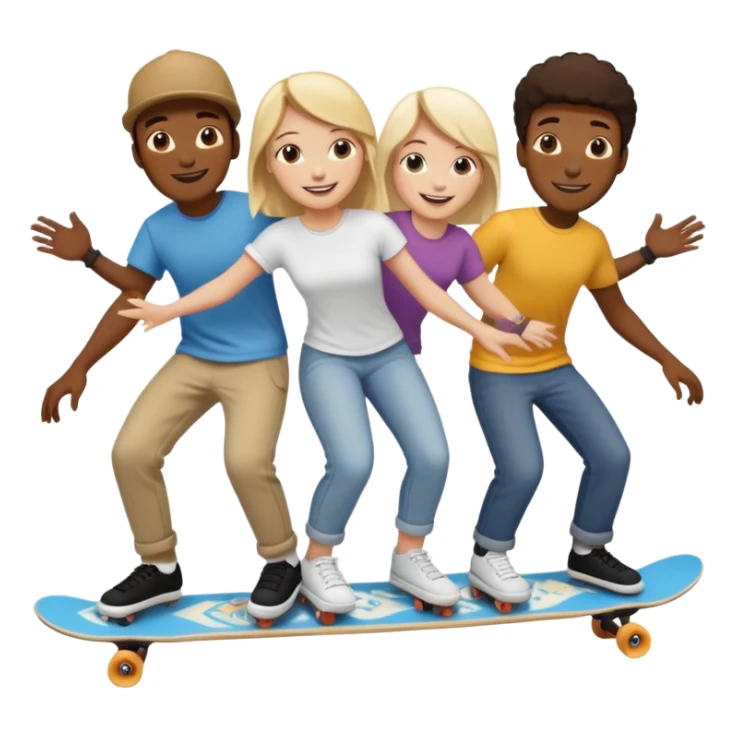 Four people (two black guys, one white guy, one white girl) on one long skateboard sticker