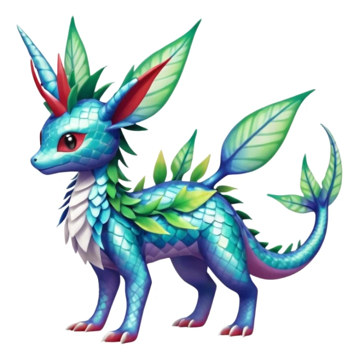 Shiny Scaley Marked Patterned Colorful Tropical Shaymin-Vaporeon-Sceptile-Flygon-Meloetta-Pokémon-Fakémon-fusion, full body sticker