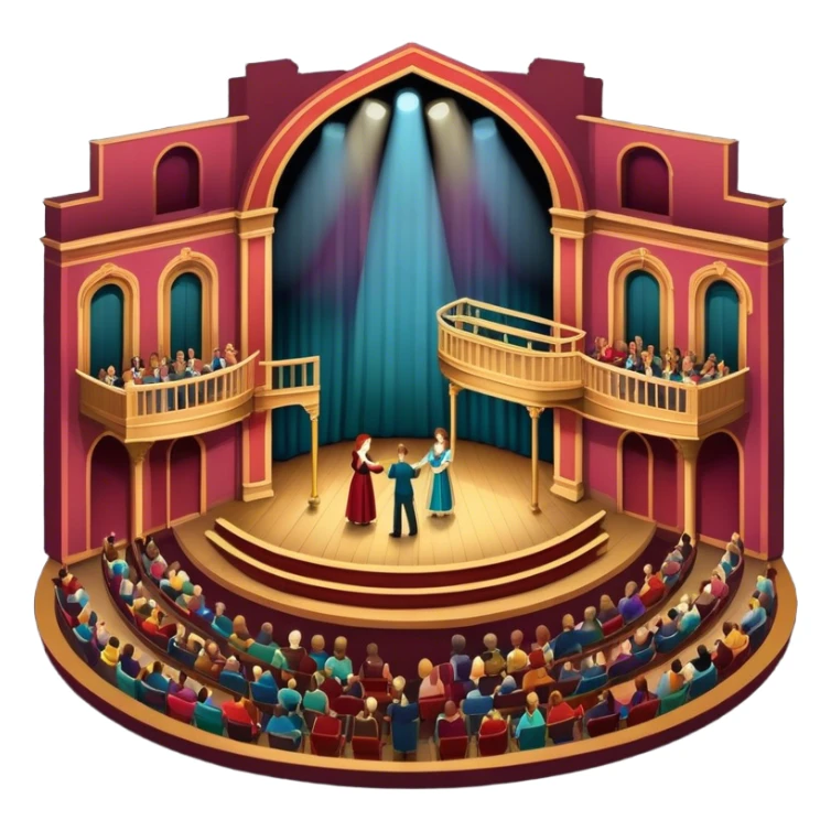 An icon depicting a theater stage with actors performing a play, illuminated by dramatic lighting. The audience watches from colorful balconies, while an orchestra plays in the pit, creating an immersive atmosphere. transparent background. sticker