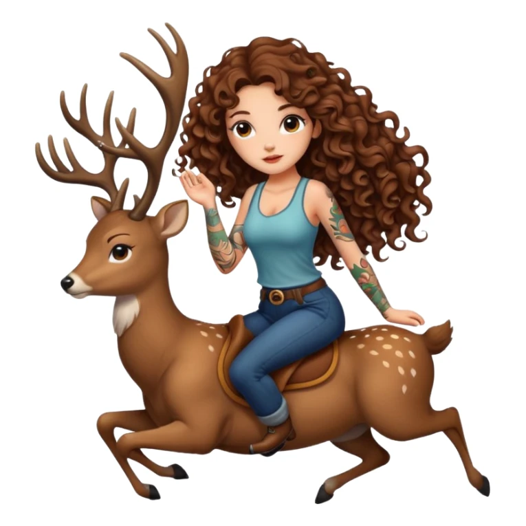 cute woman long curly brown hair tattoos riding calm deer sticker