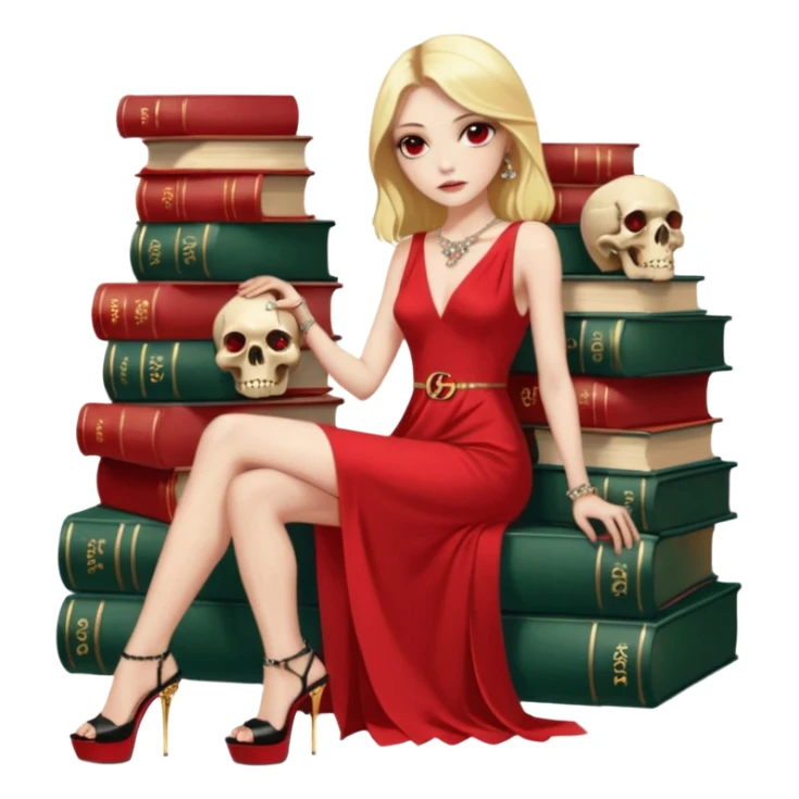 Lilith symbol red eye seductress evil shoulder length blonde haired powerful woman with Gucci  long dress with slit, sitting on of gold and diamonds. Black Platform high heels on feet. seat full of stacks,  dead human skull of her enemies in her other hand sticker