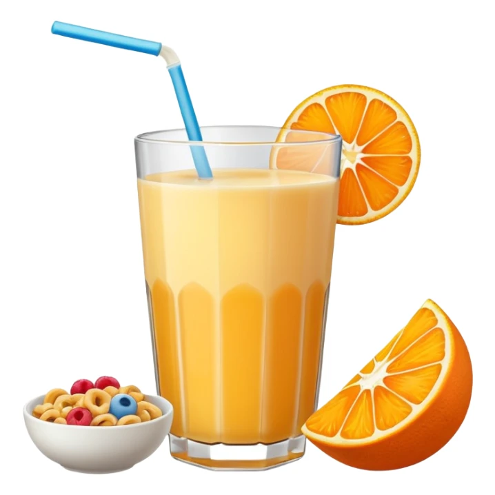 A glass of juice and a bowl with cereals sticker