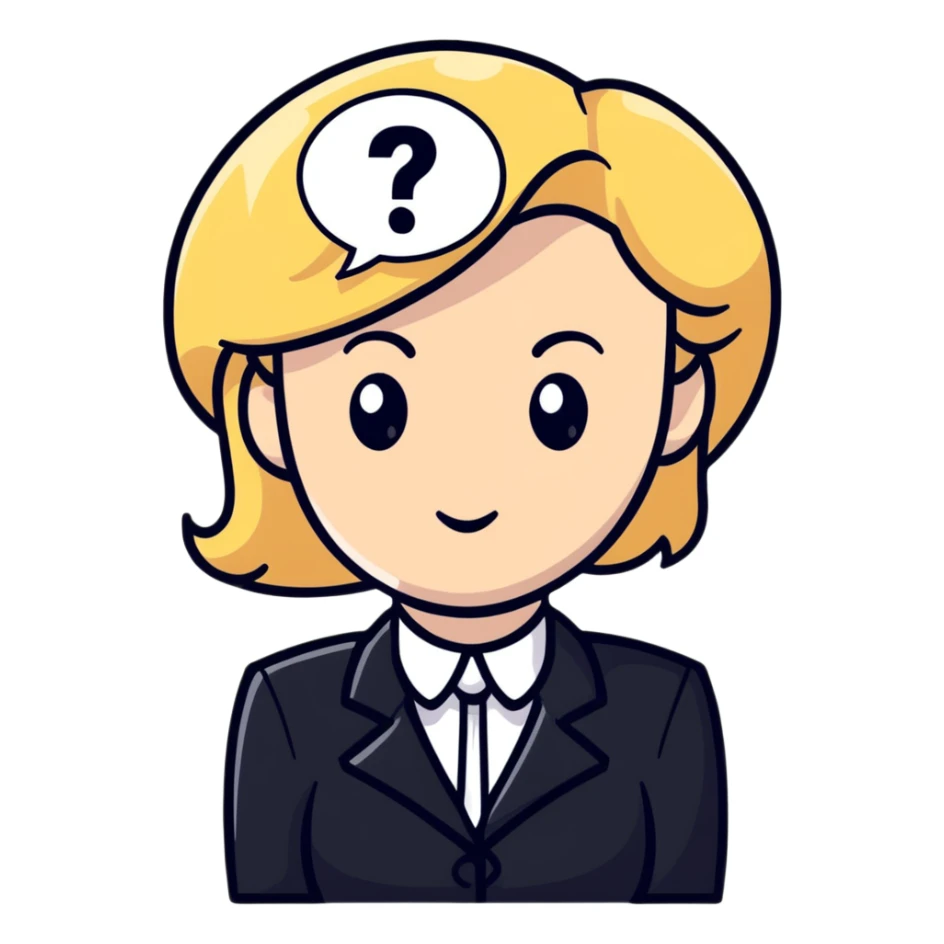 blonde haired white woman in a black formal suit with a white speech bubble containing a black question mark next to her head sticker