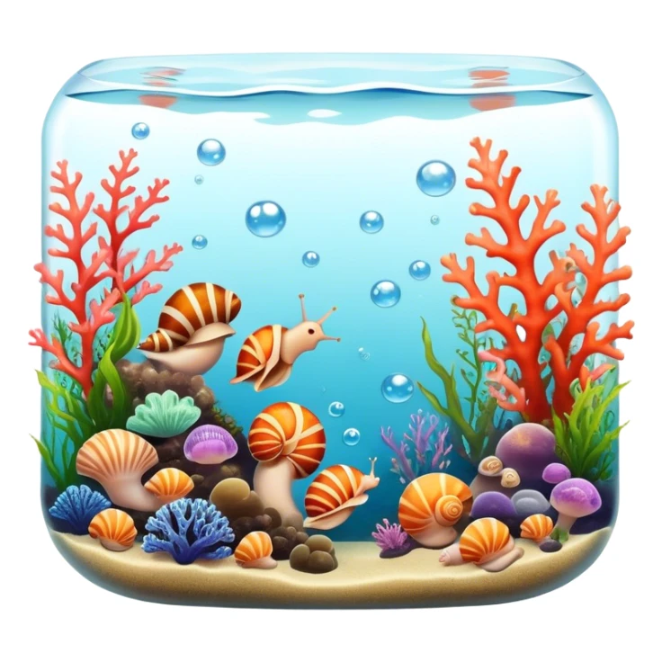 A colorful aquarium with shells, snails, and other mollusks. The water is clear and full of life, with bubbles rising and soft coral on the bottom. The background includes gentle aquatic plants swaying in the current. Transparent background. sticker