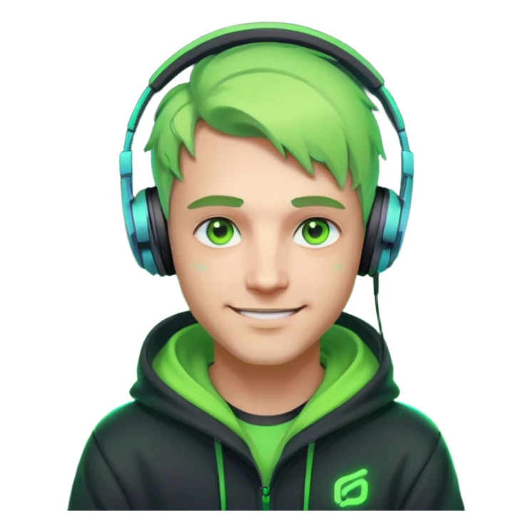 friendly streamer avatar, smiling man, stylized illustration, neon green eyes with soft warm highlights, hoodie and headset with neon accents, subtle cyberpunk vibe, dark background, clean lines, cozy and friendly mood sticker