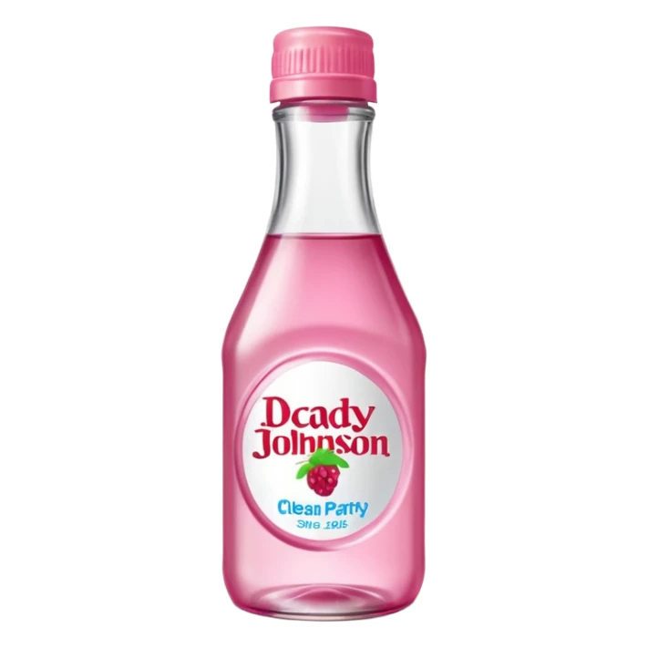 realistic Johnson and Johnson style bottle pink cap pink label clear bottle with berry party written on the logo with diddy logo bottle leaking oil from the top sticker