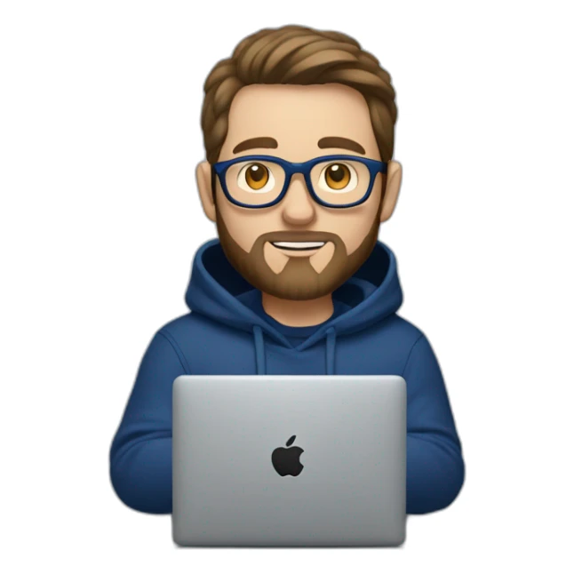 Brown hair white man with a beard and round glasses typing on apple computer wearing a dark blue nike hoodie sticker