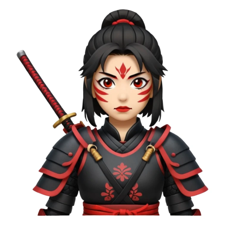 A female samurai with strong posture, black armor plates, and fierce determination. With red war paint markings  sticker