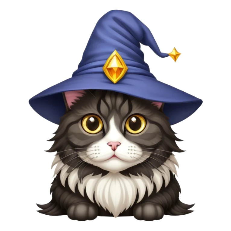 a black chubby maine coon cat with big eyes and a wizzard hat sticker