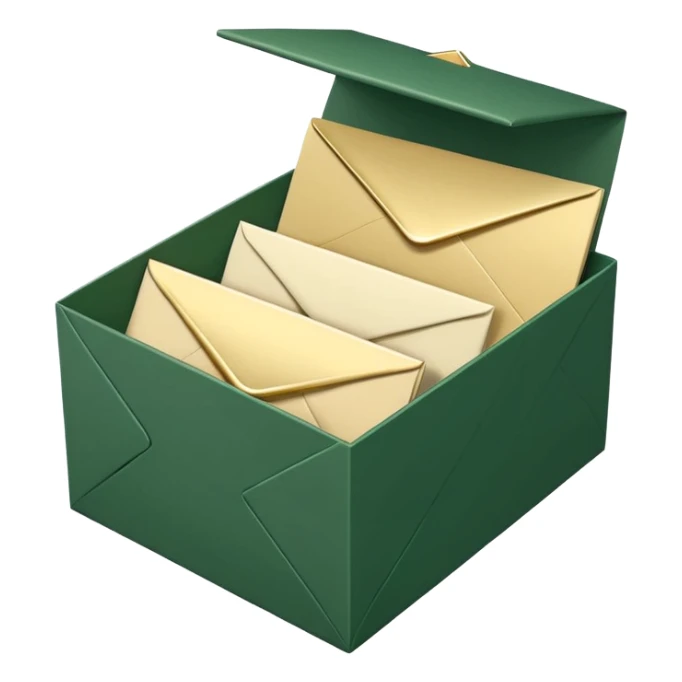 3D minimal open box with multiple envelopes floating out of it, matte finish, deep green (#0B3D2C) box, cream white (#F5F5DC) envelopes, subtle gold (#C9B037) accents, Apple style, ultra sleek, soft shadow, transparent background sticker
