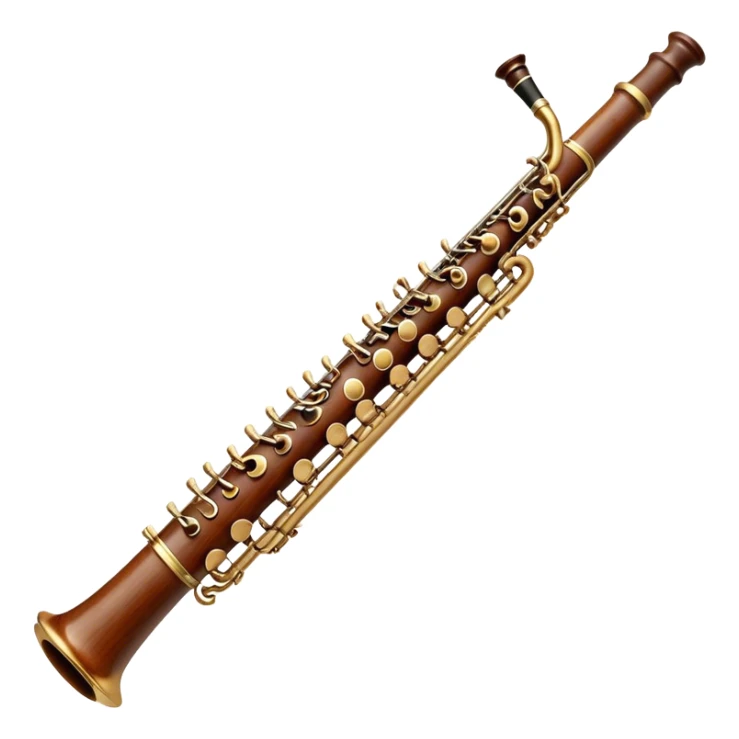 Create a detailed and elegant emoji representing an oboe. The design should feature the slender, cylindrical body of the oboe, with intricate keywork visible along its length. The top should showcase the small, delicate reed typical of the instrument. Use rich wooden tones, with accents of silver or brass on the keys to reflect the high-quality craftsmanship of the oboe. Add subtle musical notes surrounding the instrument to symbolize its expressive, melodic sound. The background should be transparent. sticker