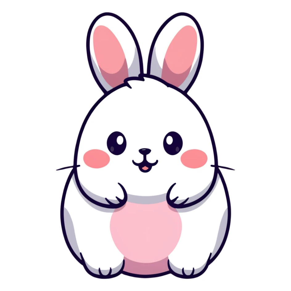 A chubby bunny in perfect Sanrio style like Hello Kitty, ultra simplified design, huge round head, tiny eyes and mouth, no nose, pastel colors, soft round shapes, tiny spikes, adorable expression, clean bold black outline, kawaii sticker