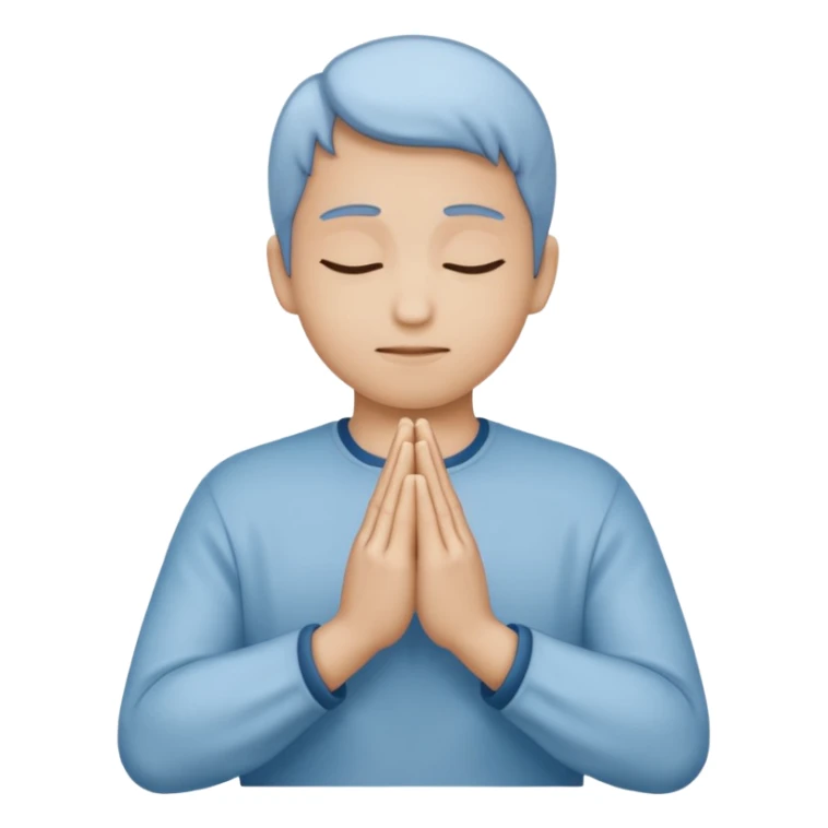 Two hands in prayer pose, muted blue outline, beige fill, soft glow, apple emoji style, PNG, transparent background sticker