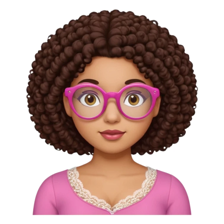 medium-light kinned afro-latina girl with medium length chocolate brown side part curly hair, brown eyes, pink sweetheart necklined top with lace, round wide-ish nose, chubby oblong shaped face, brown glasses sticker