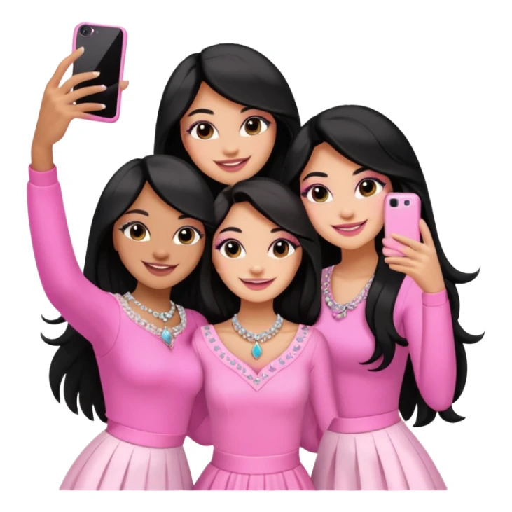 3 besties with professional glammed up looks wearing pink and white, medium skin tone smiling big with black long hair. Very girly wearing jewelry, taking a selfie  sticker