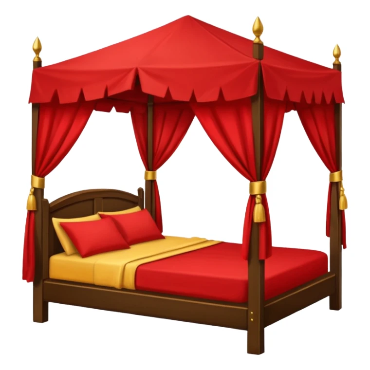 bed with red and gold sheets, wooden, canopy, simple, dark, no-tent sticker