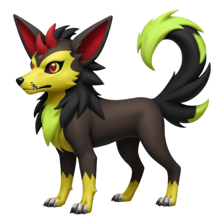Hyper realistic skeletal black and neon green and neon yellow Poochyena-Lycanroc-Zorua-Litten-Houndoom-Fakémon-Pokémon-Digimon-hybrid-fusion (full body) with a skull face sticker