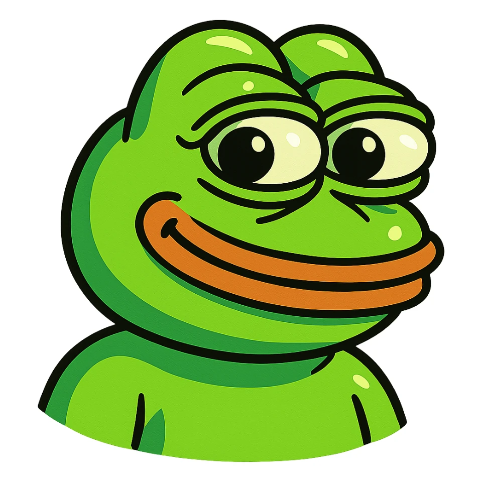 3D-style Pepe the Frog in neon green, smiling, with a thought bubble, eyes looking right, with pronounced highlights, deep shadows, and a visible drop shadow sticker