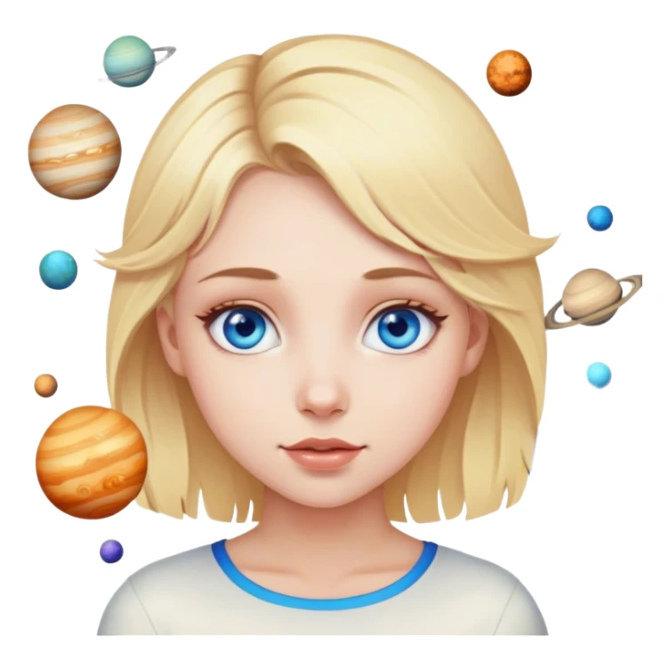 A blonde girl with blue eyes with many planets around her sticker