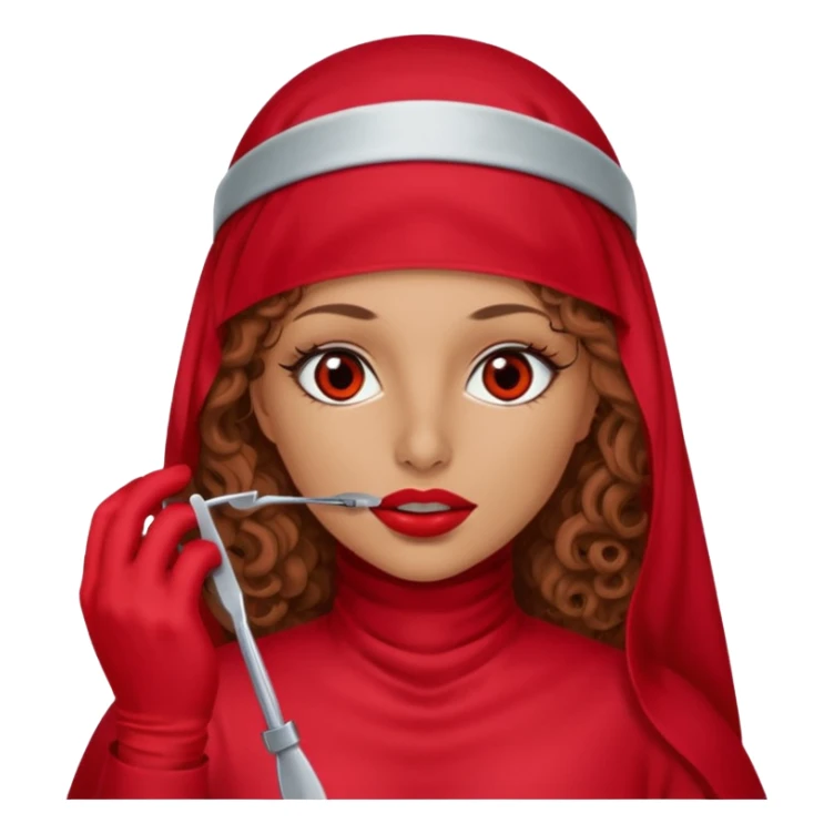 Lilith scalpel in hand, evil surgeon sexy surgeon clothes.  She has red eyes. She brown long curly hair. Wears sexy doctor outfit with red gloves. Covers mouth neck and nose with red burka to hide her identity sticker