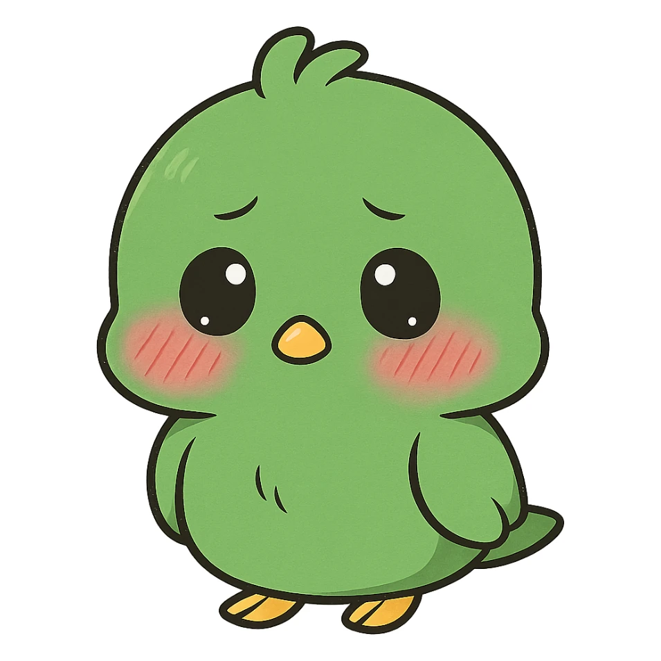 green chibi anime bird with a blushing face, cute and shy, chibi anime style sticker