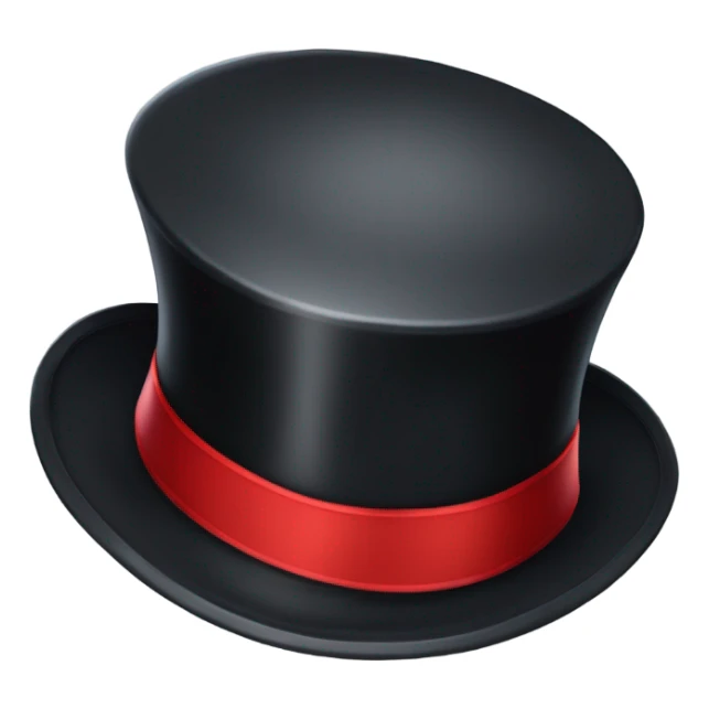 A black top hat displaying a red ribbon around the base. The ribbon forms a visible bow at the front, with the ends falling slightly over  sticker