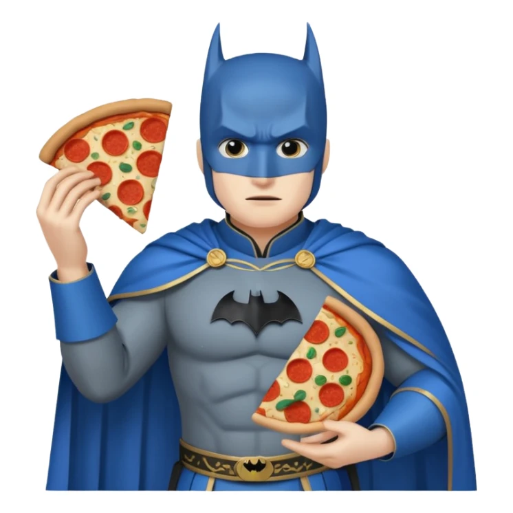 batman, wearing blue ancient chinese custome, with pizza sticker