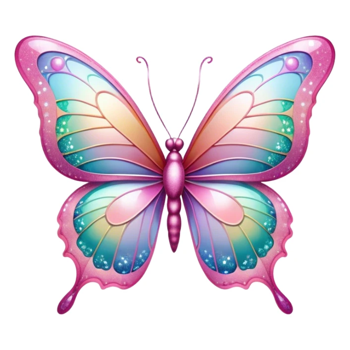 Pastel sparkly pink glittery iridescent rainbow transparent butterfly with detailed intricate patterns sticker