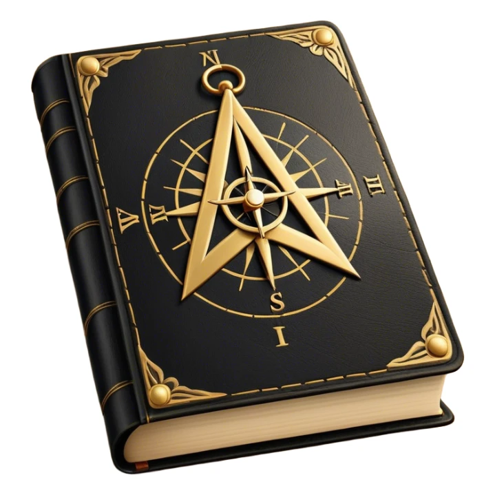 A black and gold book with an aged leather texture, embossed with an alchemical symbol, a compass, or a forging hammer, exuding wisdom, mastery, and the relentless pursuit of greatness. - book on mastery ... silhouette of a triangle  sticker
