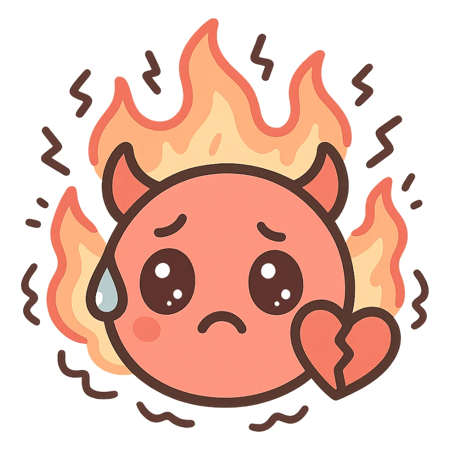 kawaii devil face with a broken heart, fire behind it, sweat drop, chaotic energy, pastel red and black colors, inspired by Verona Beach conflict aesthetic, discord emoji size sticker
