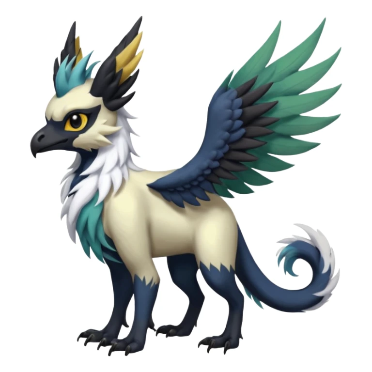 Dark-deep-colored gryphon-Trico-Nargacuga-Absol-Leafeon-Sprigatito-Silvally-fusion-hybrid with a long tufted tail, black beak, black claws, black tail, majestic, realistic, furry (full body) sticker