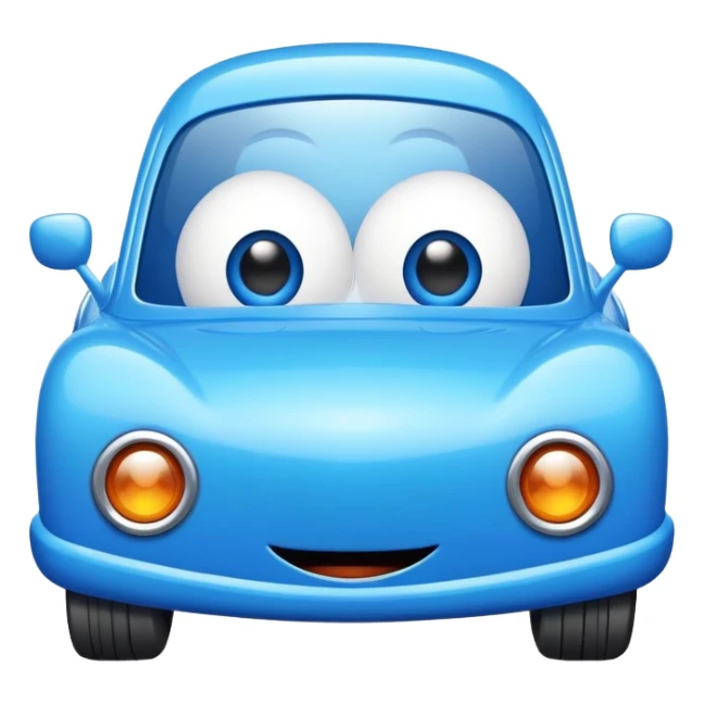 A blue toy car with big adorable eyes and a cheerful expression sticker