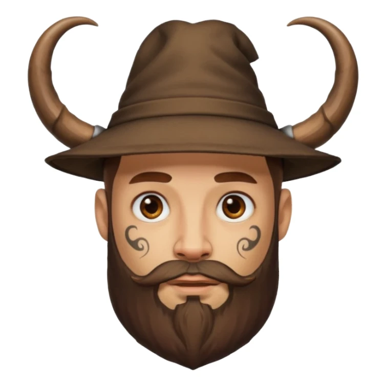 Bearded figure — large brown hat with horn, tattoo on face sticker