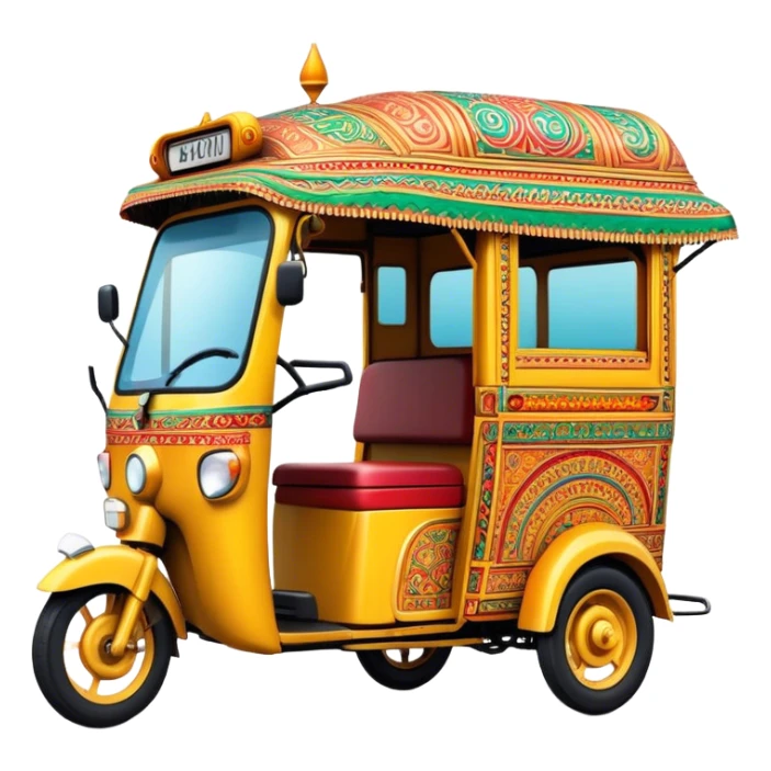 Cinematic Realistic Indian Auto Rickshaw Emoji, depicted as a colorful, bustling auto rickshaw with intricate designs and vibrant hues, rendered with lively textures and dynamic urban lighting that captures its quintessential presence in Indian cities. sticker