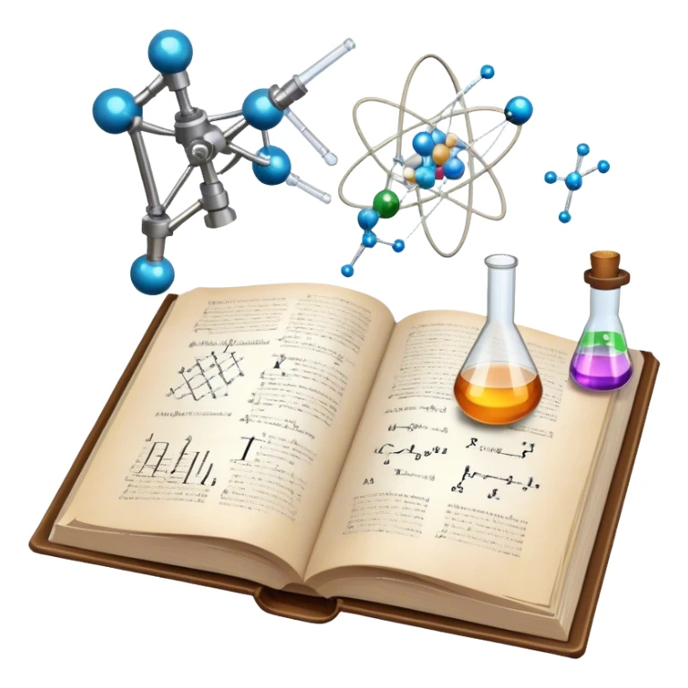 Icon for Scientific and Educational Reading: an open book with mathematical and physical formulas on the pages, with molecules and atoms flying out. On the desk are test tubes, flasks, and a microscope. Transparent background. sticker