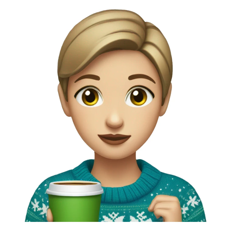 Light brown short haired girl with green eyes drinking coffee wearing blue Christmas sweater sticker