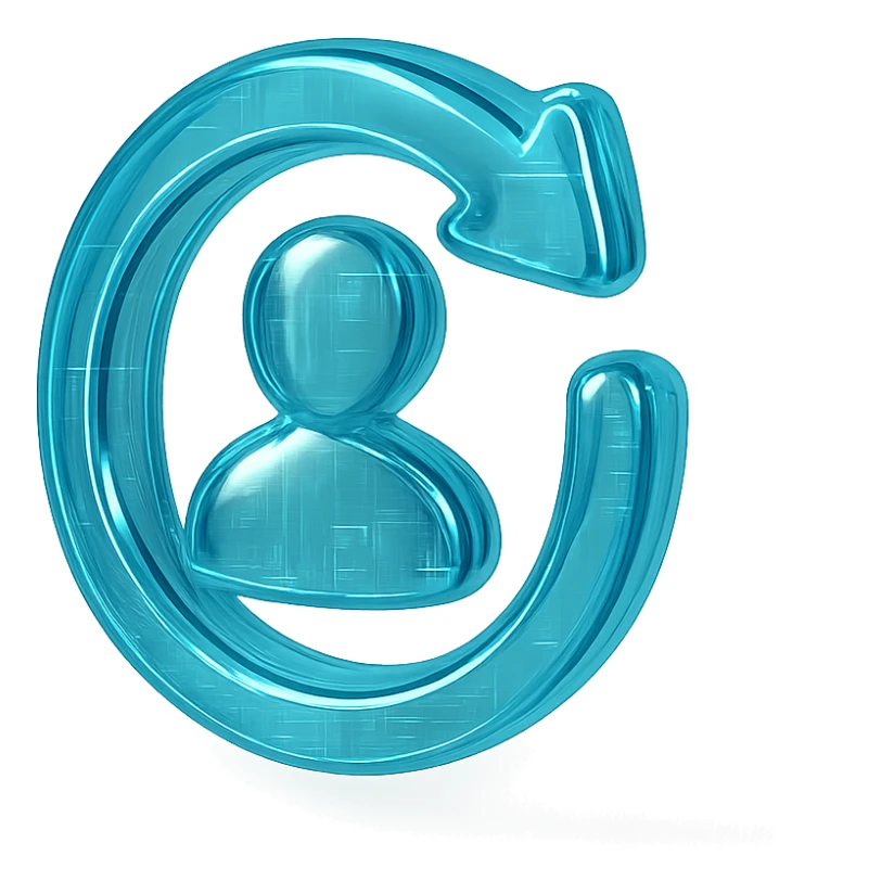 Icon of a circular arrow chasing a user silhouette, cyan blue sticker