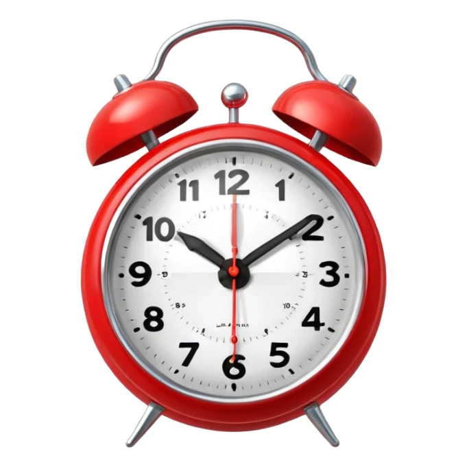 “Classic alarm clock emoji ⏰ in clean 3D style, smooth rounded clock body, bright red color, shiny metallic bells, ultra-glossy plastic texture, reflective surface, clear clock face with simple hands, soft studio lighting, subtle highlights, cute emoji proportions, ultra-polished 3D look,  sticker