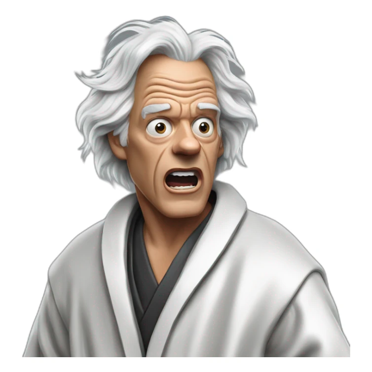 Doc brown from back to the future looking shocked and his mouth wide open. No eye-ware. Wearing a silver bathrobe with black trim. sticker