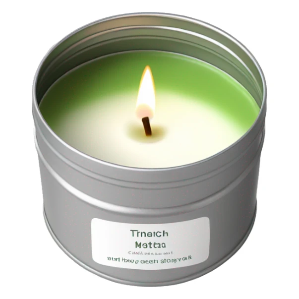 realistic, lit matcha scented candle, silver tin, small white label, text sticker
