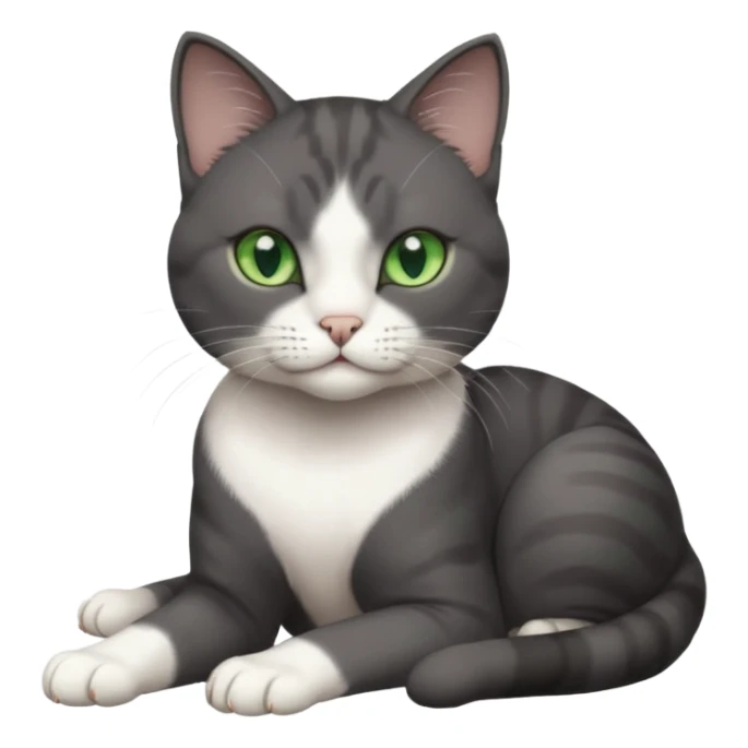 beautiful female solid dark grey cat with green eyes, white toes/paws and white patch on her chest rolling over sticker