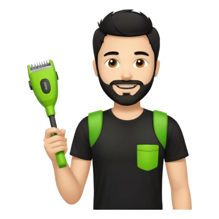 handsome young man, fair complexion, messy black hair and beard, smiling, black t-shirt, holding a palm-sized lime green trimmer in one hand sticker