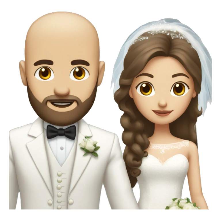 bride with long brown hair and bald dark bearded groom with white suit sticker