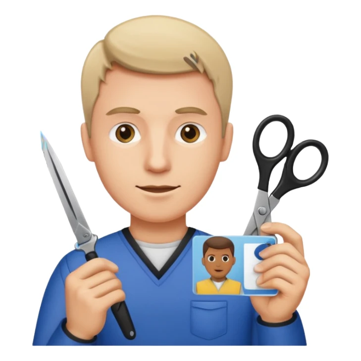 Scissors cutting man ID card in 2 parts.hyper realistic sticker