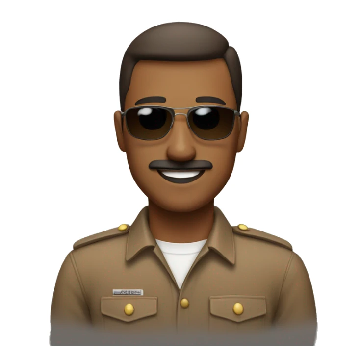 smiling man with a short haircut and short mustache wearing a brown uniform and sunglasses sticker