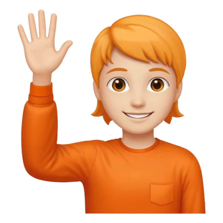 say hi with arm and hand. clothes with orange sticker